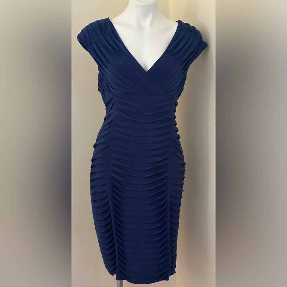 ADRIANNA PAPELL Blue Ruched Midi Shaped Striped Cocktail Evening Dress Sz 14